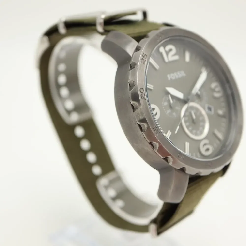 Fossil Nate Gunmetal Gray Men's 50mm Chronograph Watch Green Nylon w New Battery